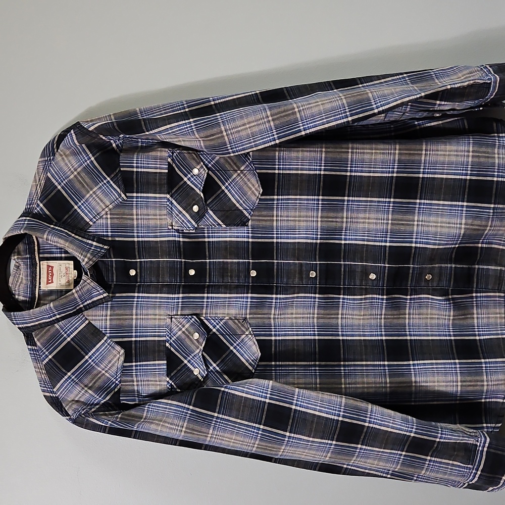 Levi's Western Pearl Snap Long Sleeve Blue Plaid Snap Down Shirt Size XL #1056